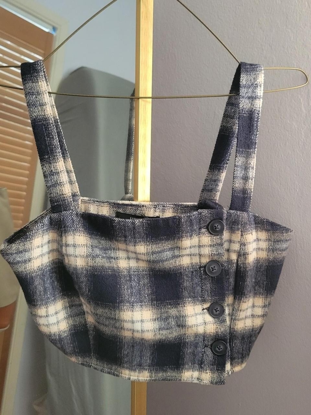Plaid Button-Front Cropped Tank Top And Skirt- Blue & Cream